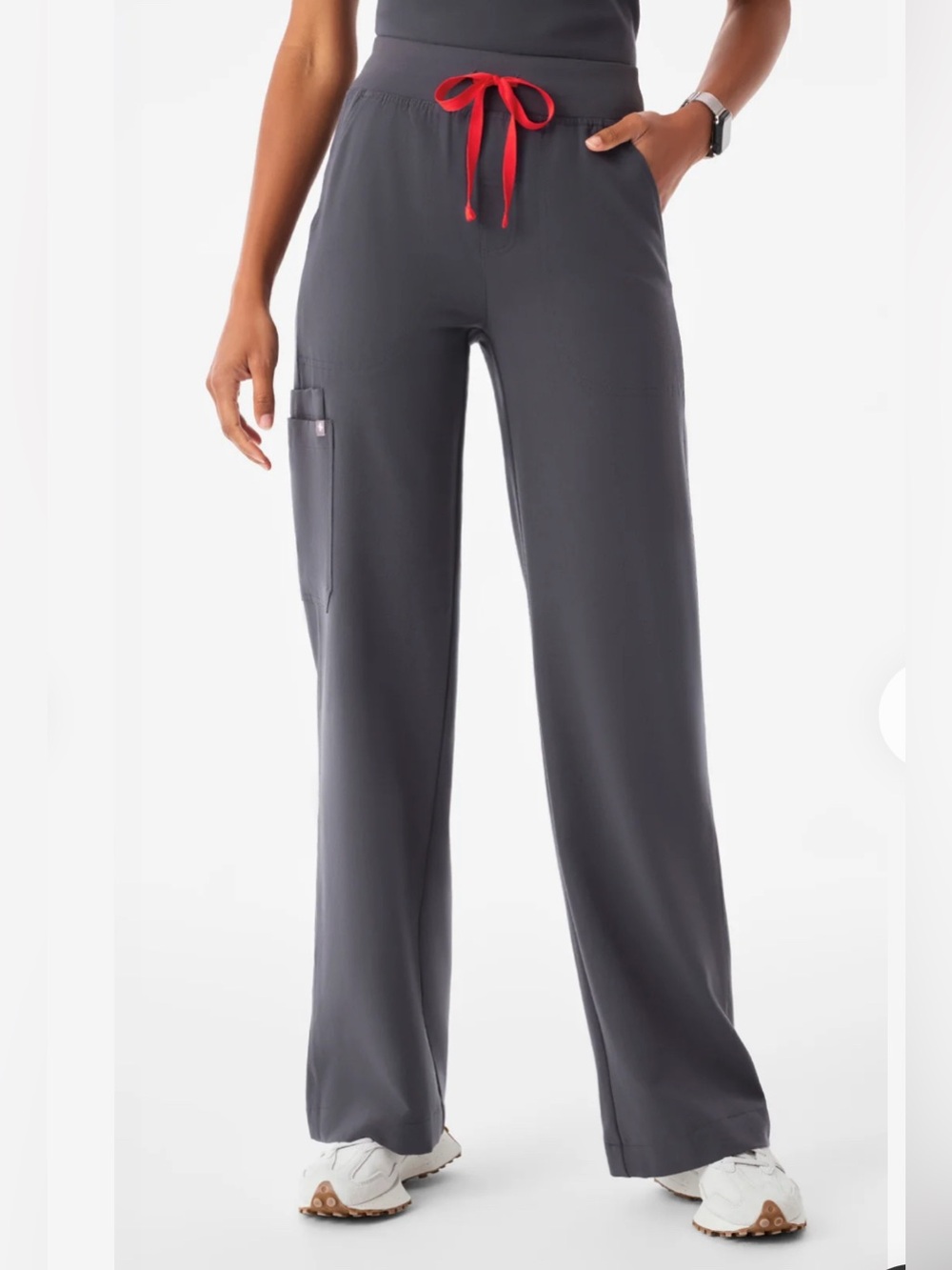 FIGS Women's Wide-Leg Scrub Pants in Charcoal with Red Drawstring